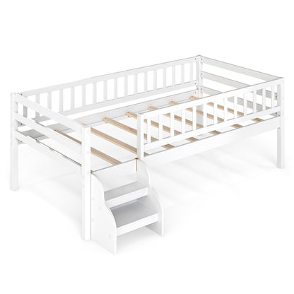 Twin Size Montessori Bed with Stairs and Guardrails-Gray