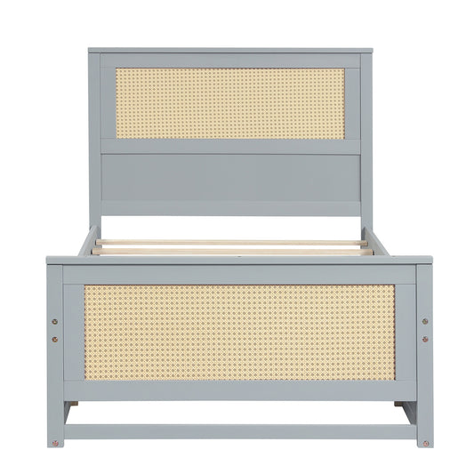 Twin Size Rattan Bed Frame with Storage Drawers-Gray