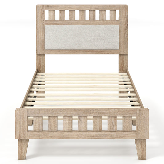 Twin Size Wood Bed Frame with Upholstered Headboard Mid Century Style