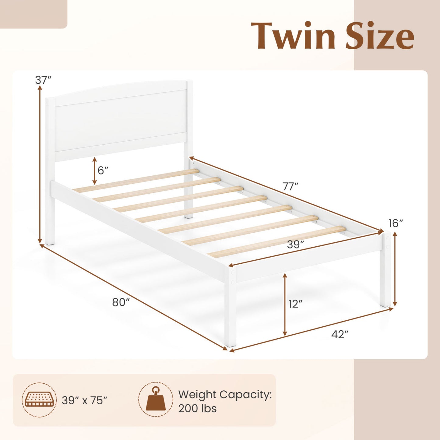 Twin Size Wooden Platform Bed Frame with Curved Headboard-Walnut