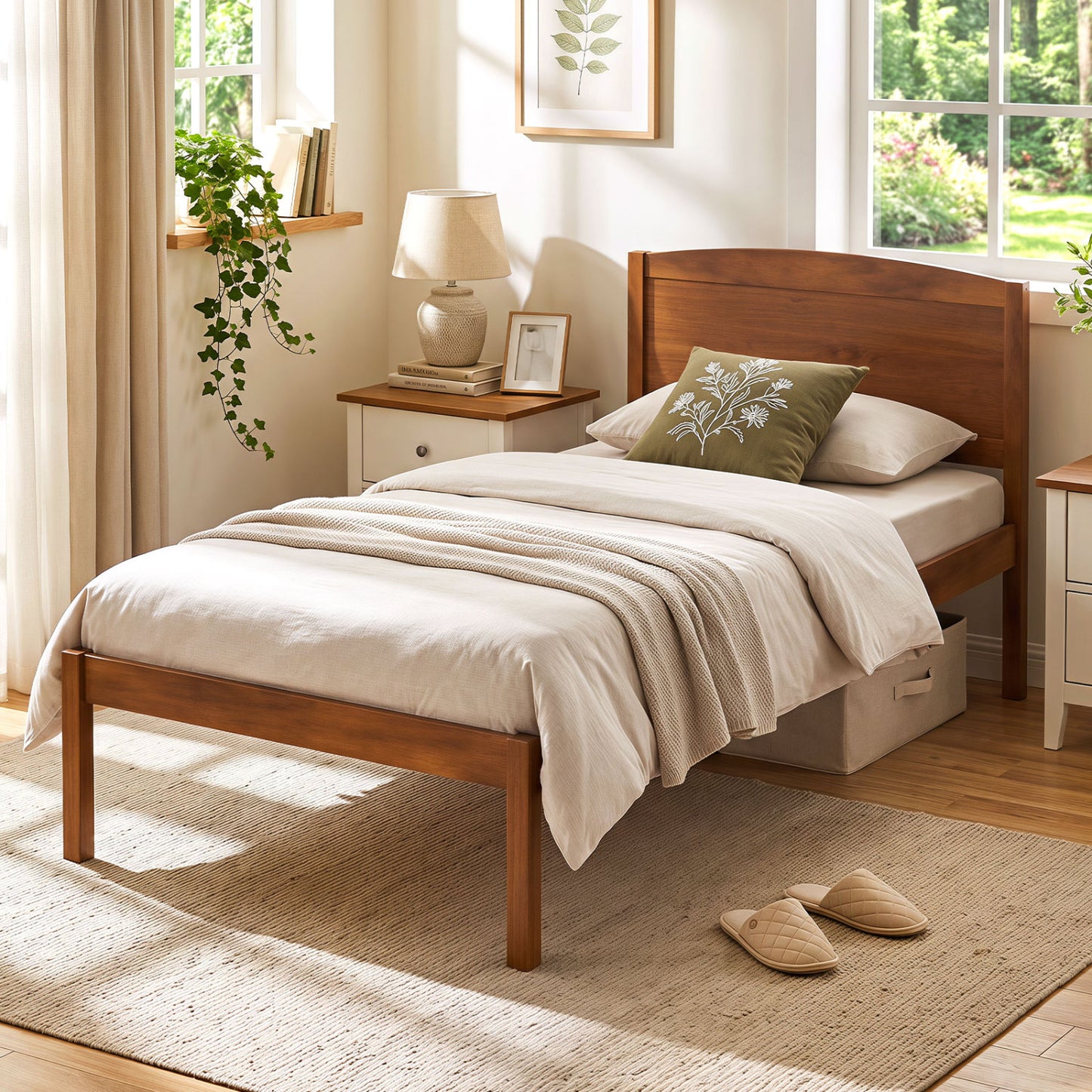 Twin Size Wooden Platform Bed Frame with Curved Headboard-Walnut