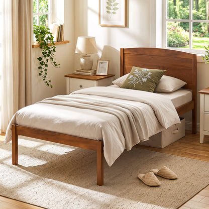 Twin Size Wooden Platform Bed Frame with Curved Headboard-Walnut