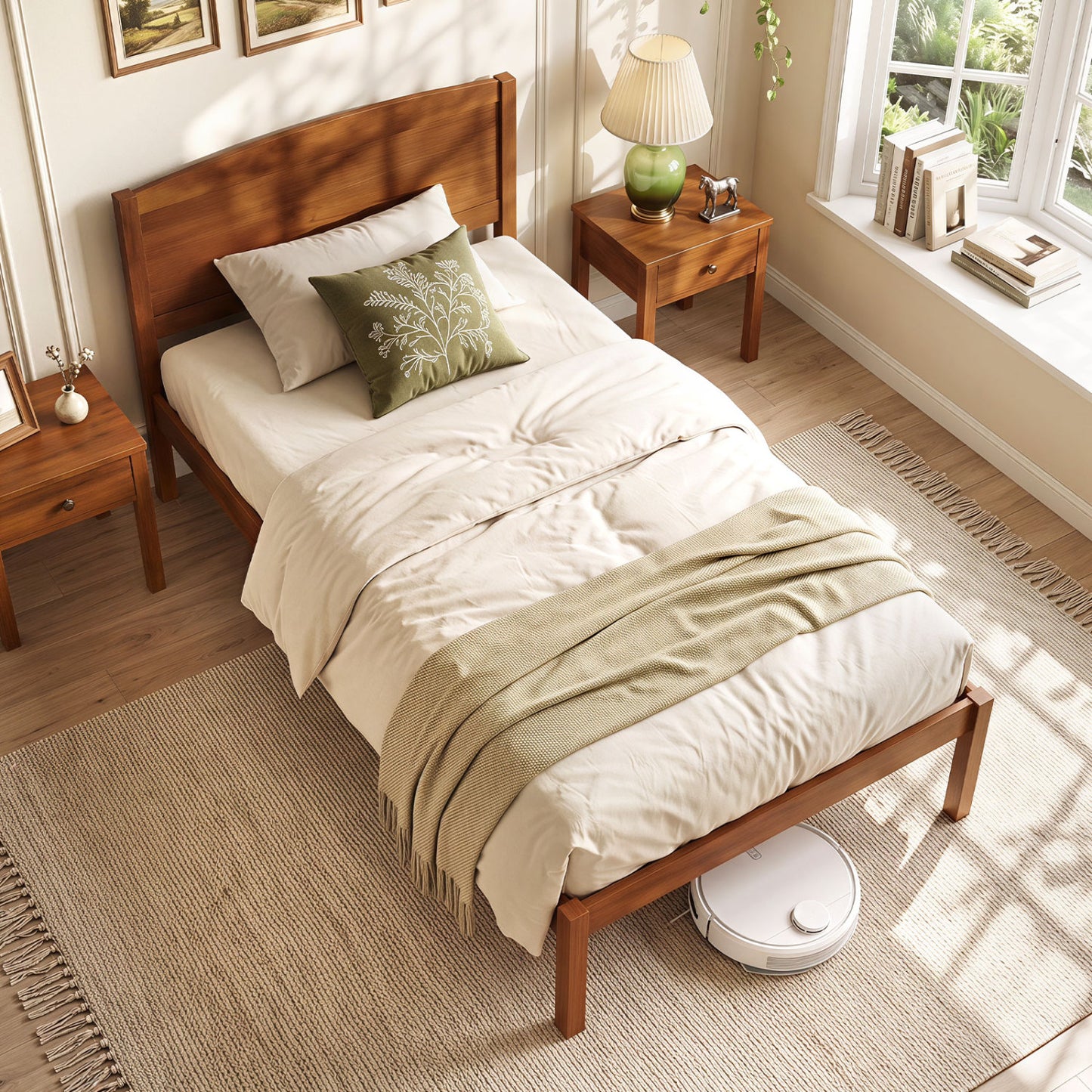 Twin Size Wooden Platform Bed Frame with Curved Headboard-Walnut