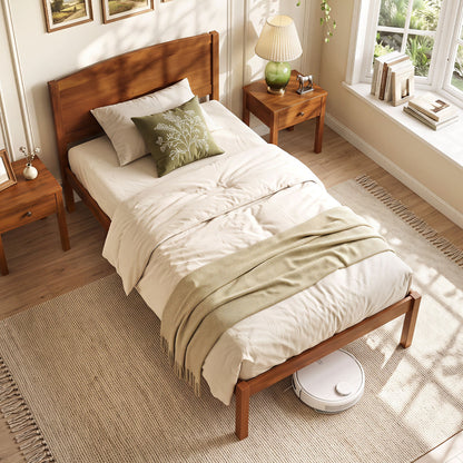 Twin Size Wooden Platform Bed Frame with Curved Headboard-Walnut