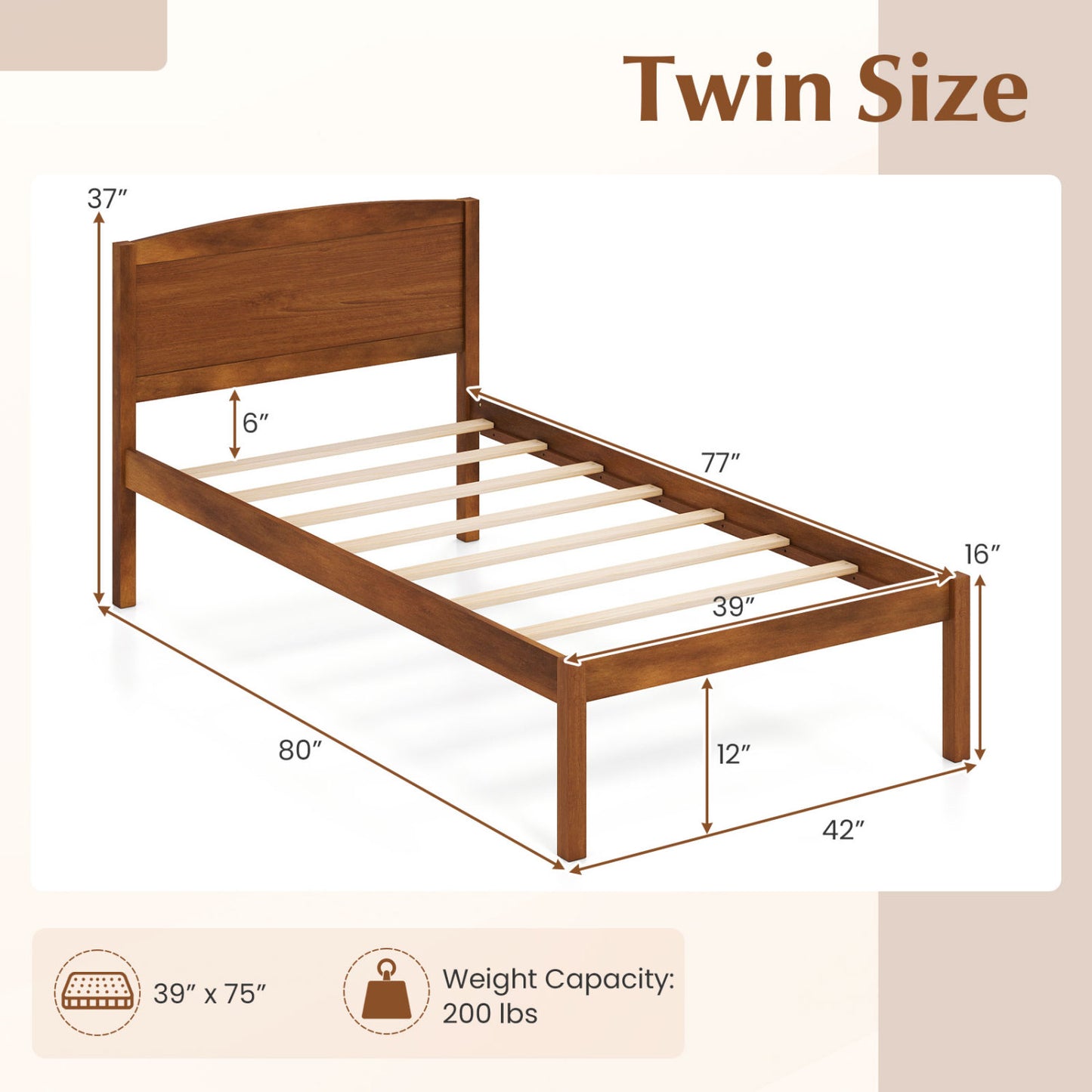 Twin Size Wooden Platform Bed Frame with Curved Headboard-Walnut