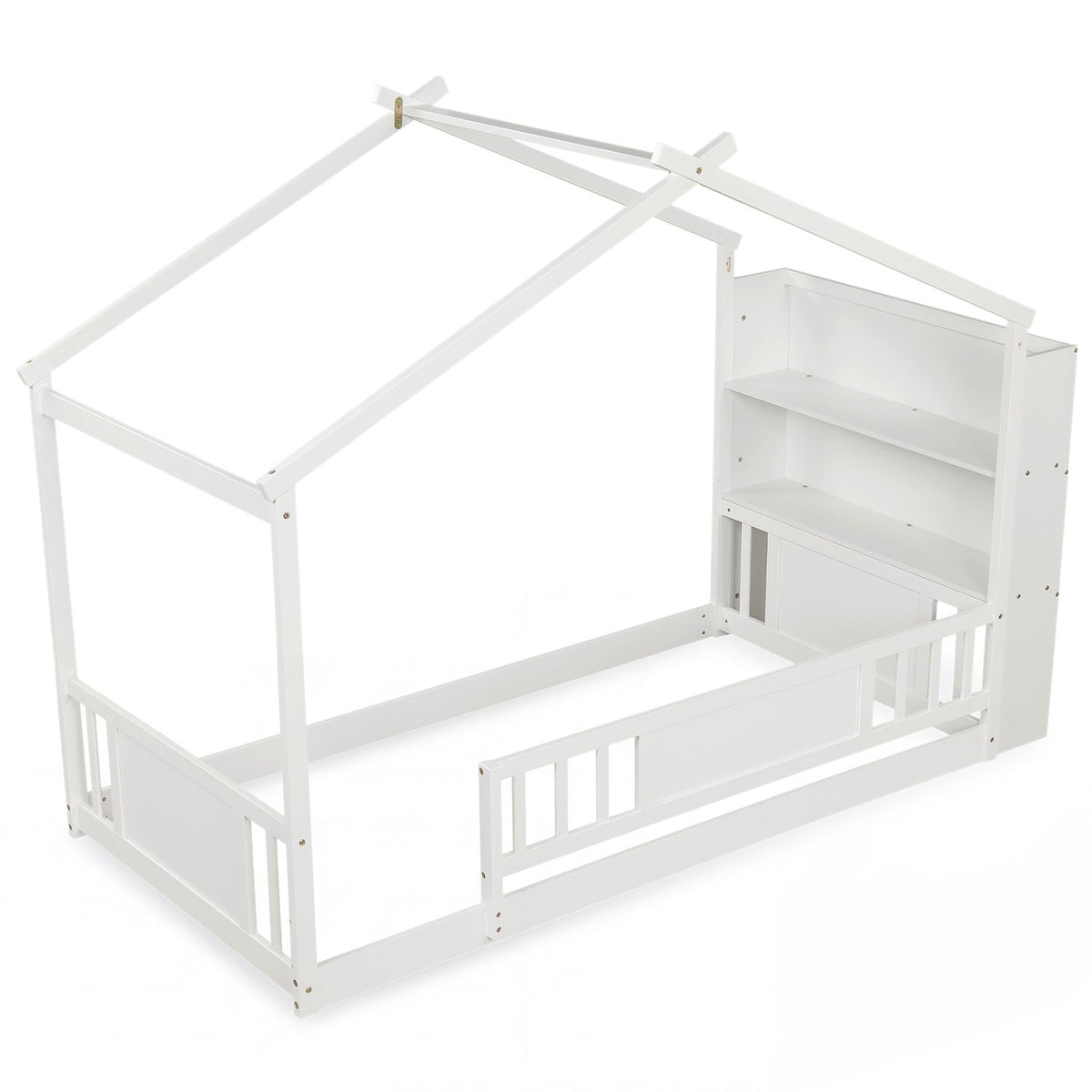 Twin size Montessori house bed with storage bookshelf, roof safety guardrail, and sturdy bed frame in a bedroom setting.