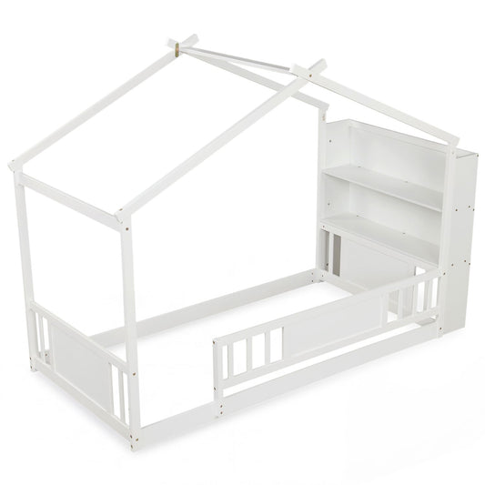 Twin size Montessori house bed with storage bookshelf, roof safety guardrail, and sturdy bed frame in a bedroom setting.