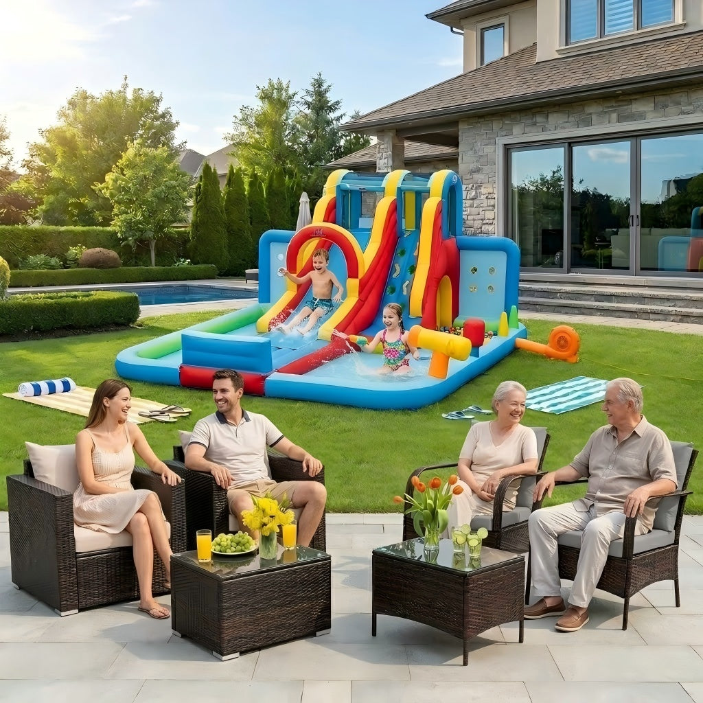 Six-piece patio rattan furniture set with inflatable water slide and 680W blower for outdoor summer fun, by Direct by Wilsons Home Store.