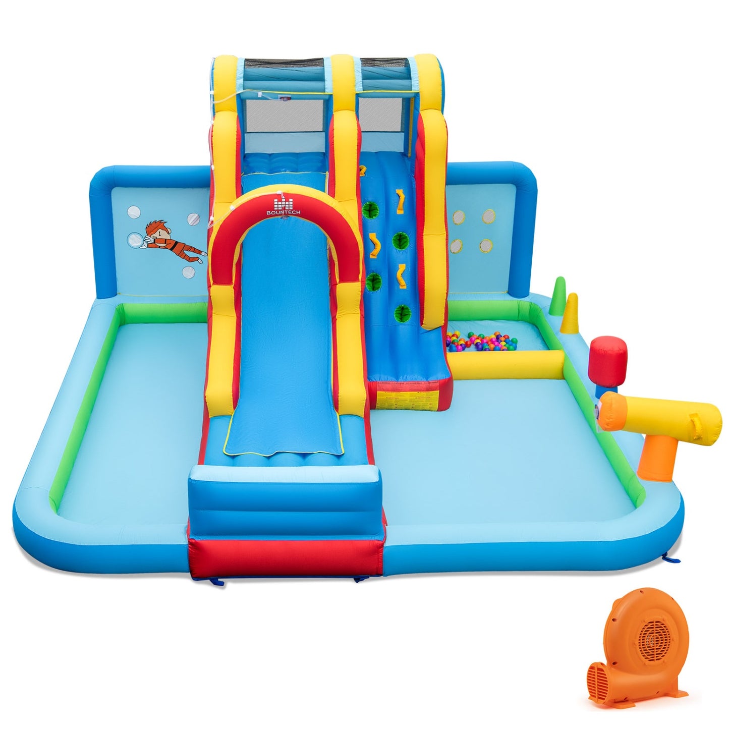 Six-piece outdoor patio rattan furniture set with inflatable water slide and blower, perfect for backyard summer fun.