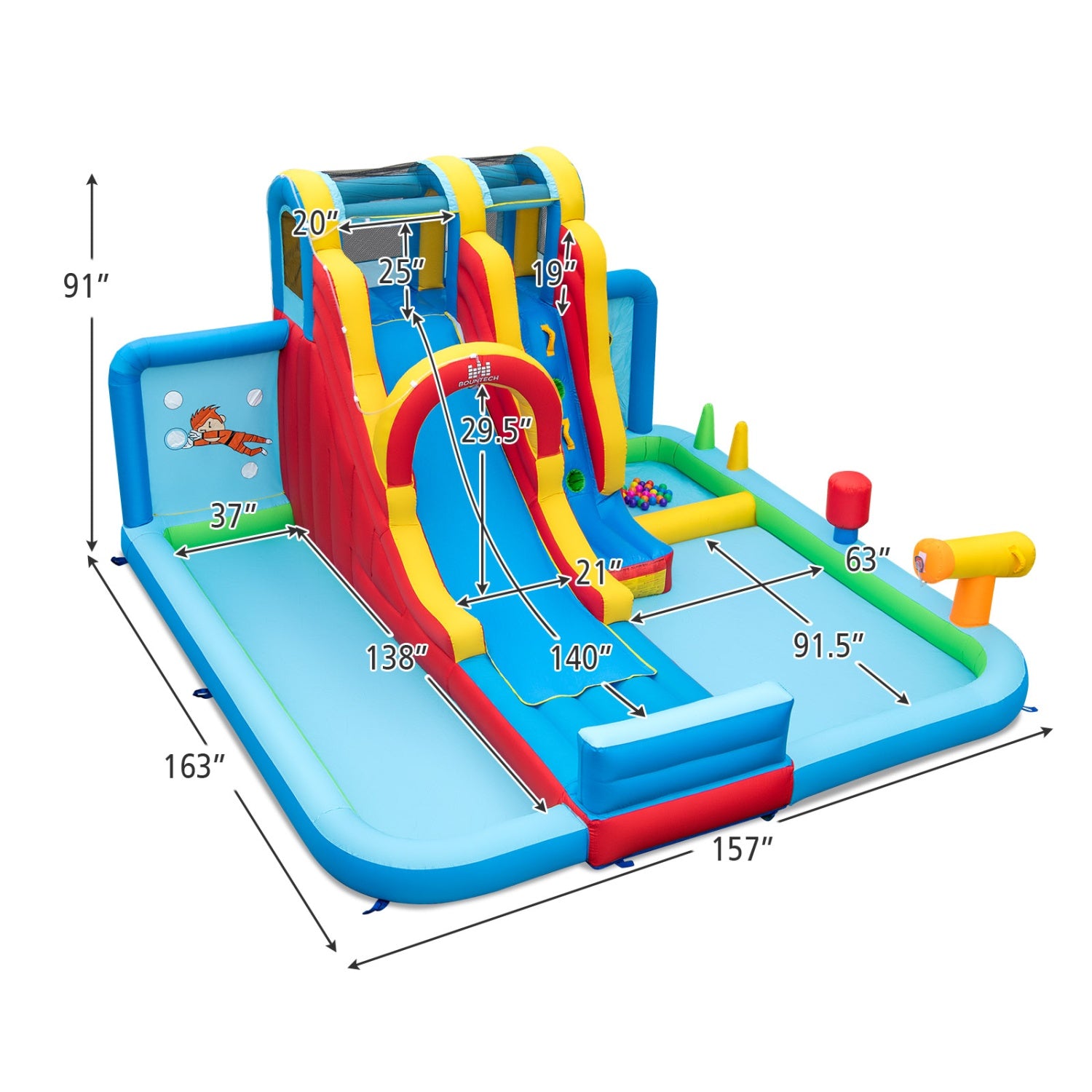 Six-piece patio rattan furniture set with inflatable water slide park and 680W blower for outdoor summer fun.