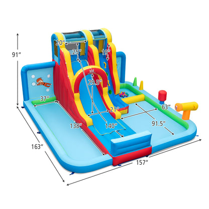 Six-piece patio rattan furniture set with inflatable water slide park and 680W blower for outdoor summer fun.
