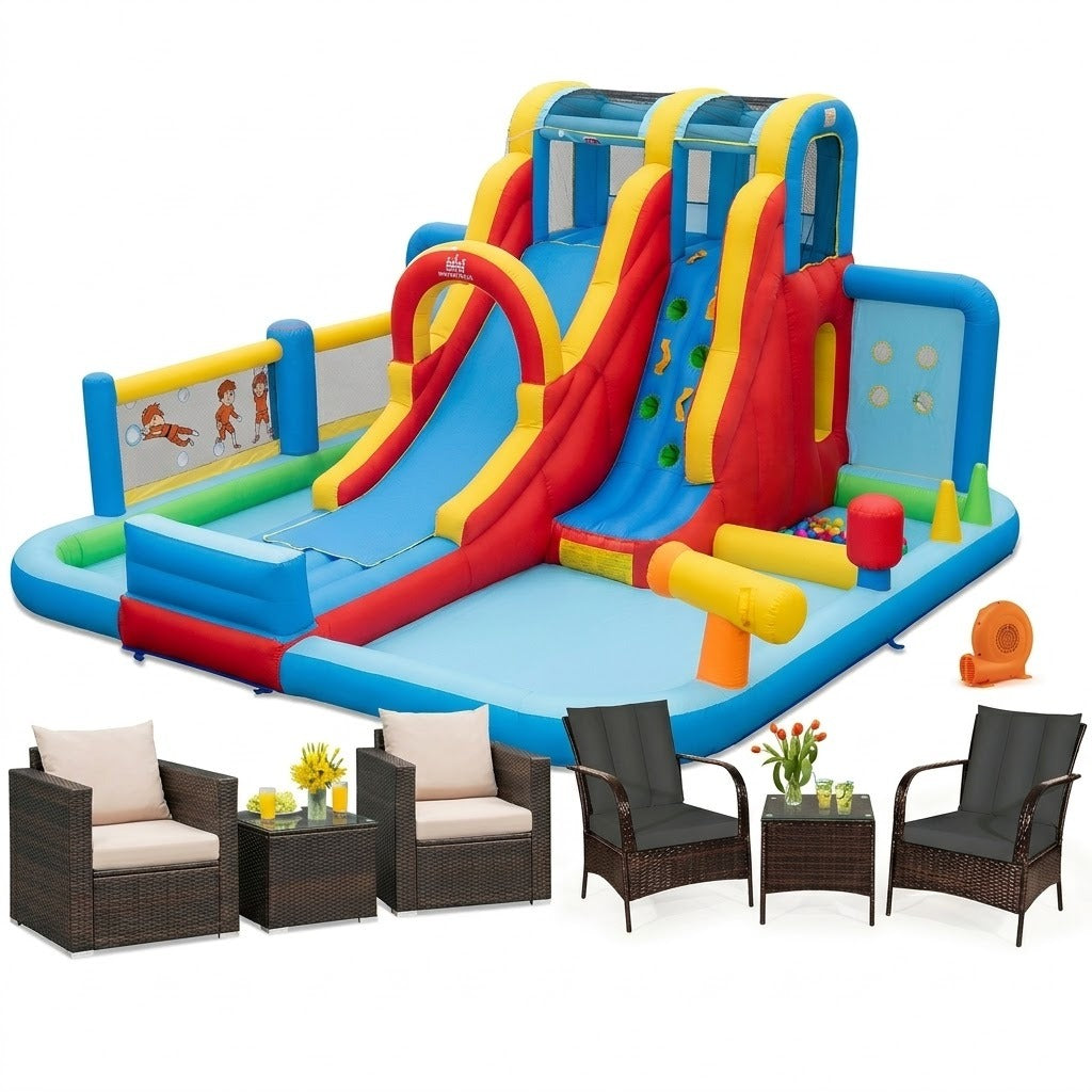 Outdoor patio rattan furniture set with inflatable water slide park and 680W blower for backyard summer fun, by Direct by Wilsons Home Store