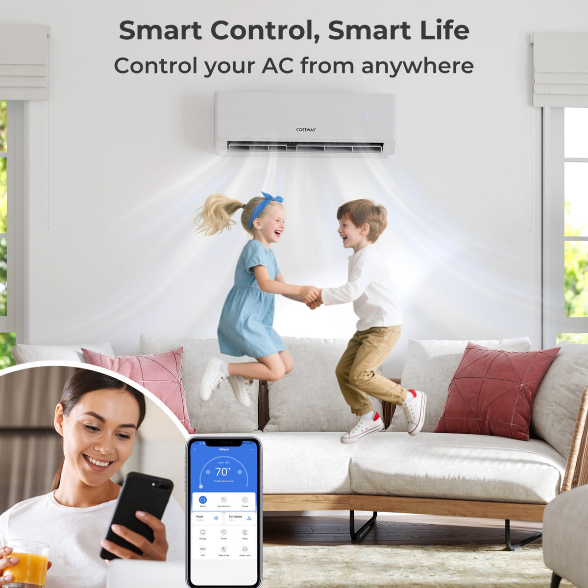 UltrEco Series 24000 BTU 2 Zone 23 SEER2 Mini Split Air Conditioner Wifi Enabled with Heat Pump-7K + 12K
