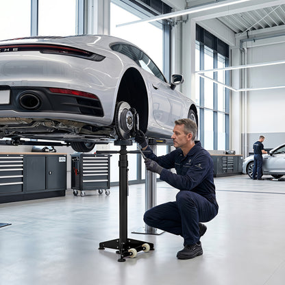 Black underhoist support stand for vehicle components from Direct by Wilsons Home Store, designed for outdoor garage storage.