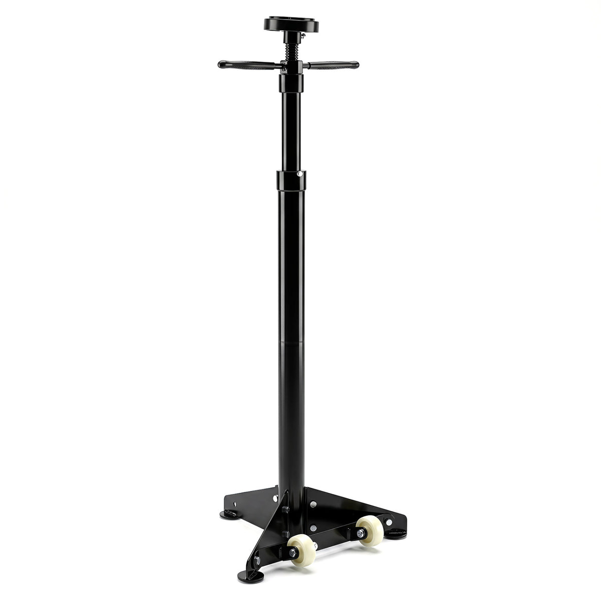 Black underhoist support stand for vehicle components, used in outdoor garages for safe storage and support.