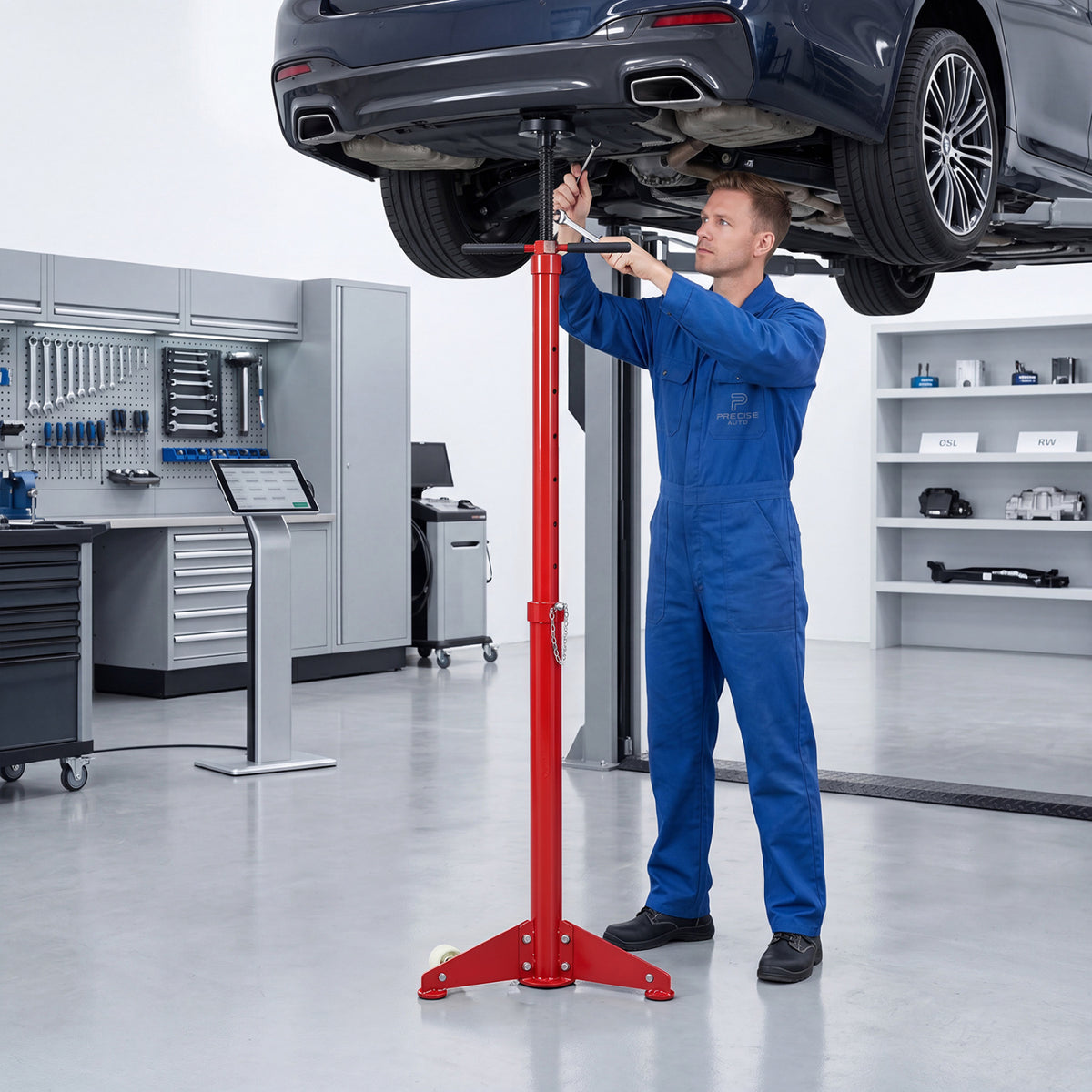 Black underhoist support stand for vehicle components, used in outdoor garages for secure storage and support.