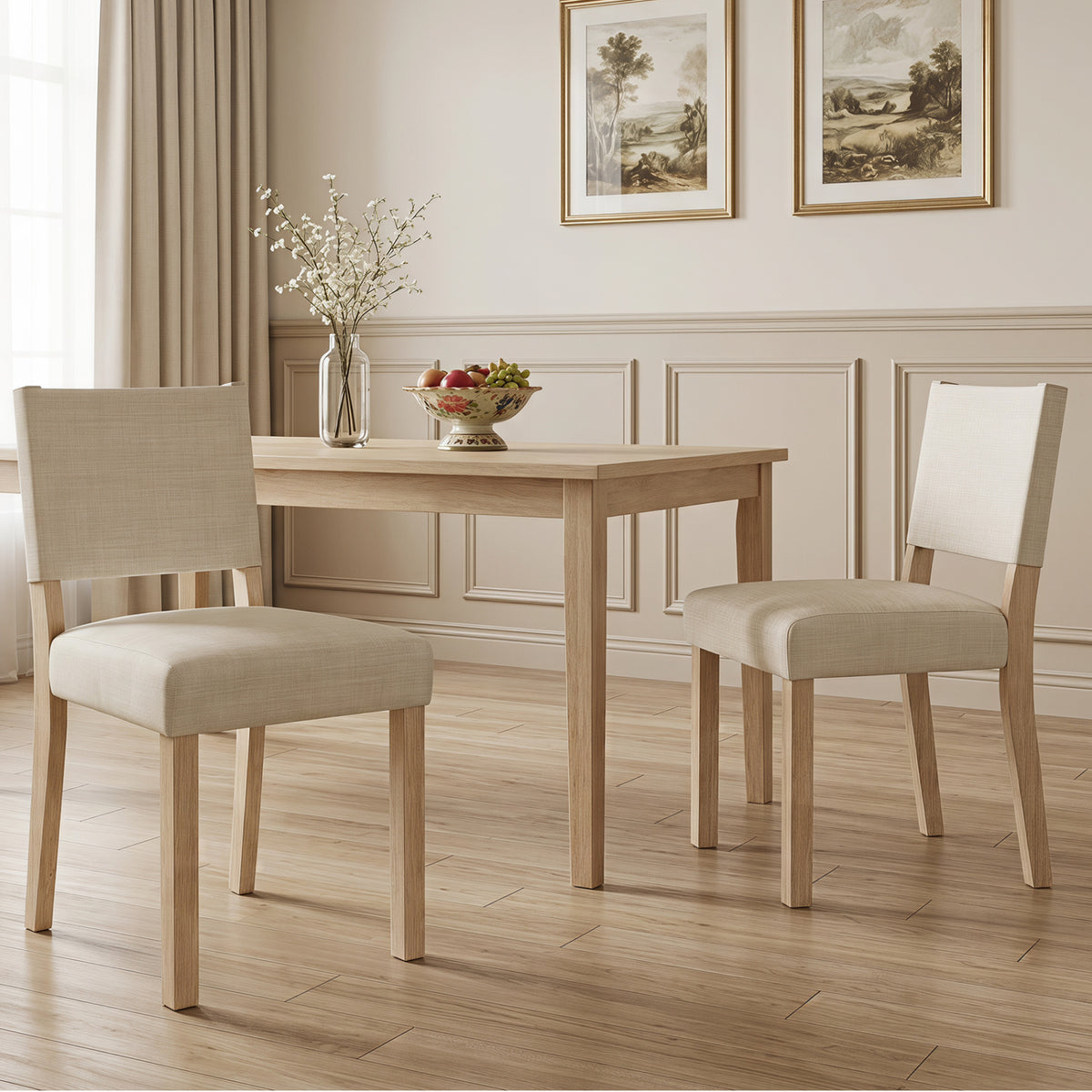 Set of two beige upholstered dining chairs with solid rubber wood legs, stylish kitchen and dining room furniture by Wilsons Home Store