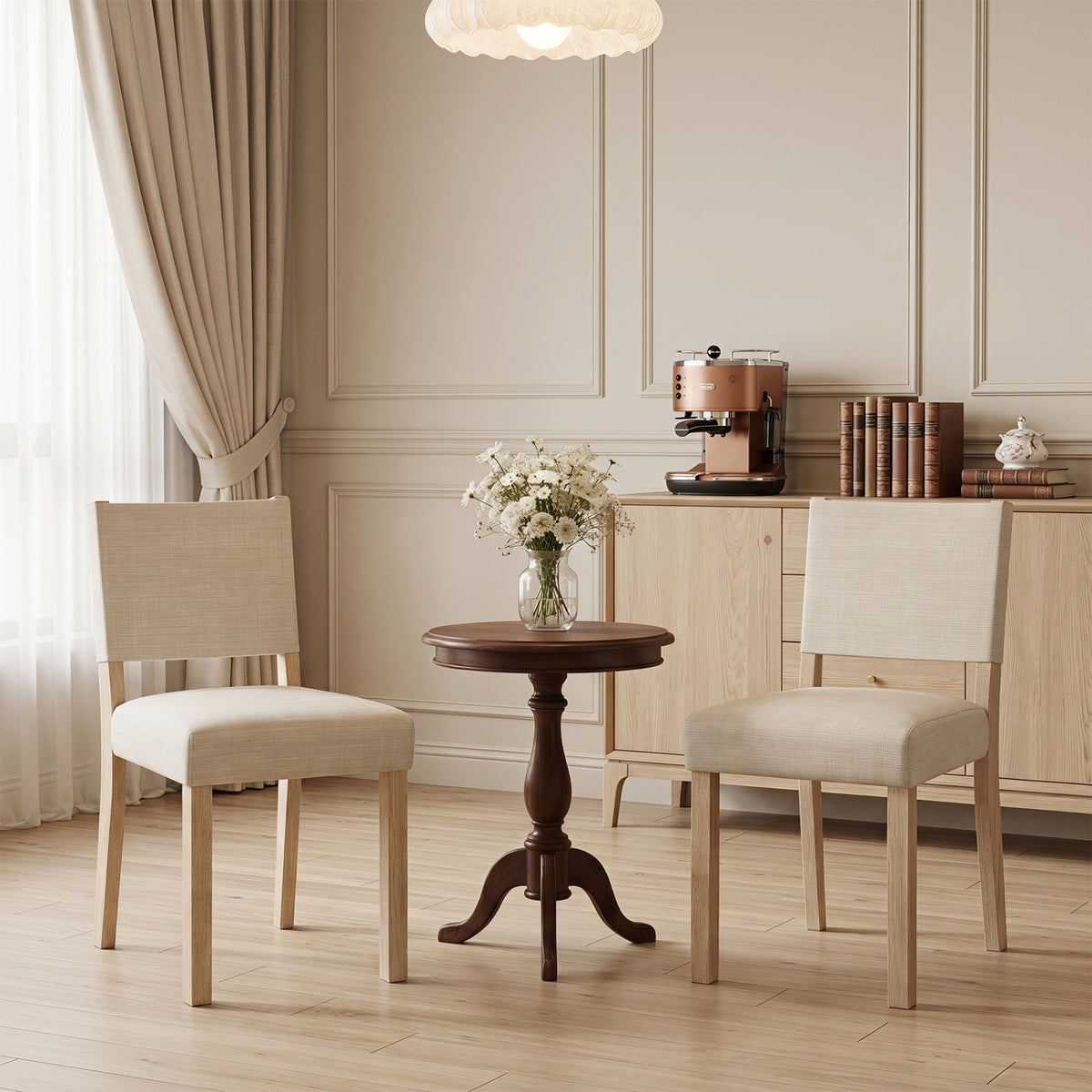 Set of two beige upholstered dining chairs with solid rubber wood legs, stylish and comfortable for kitchen and dining rooms.