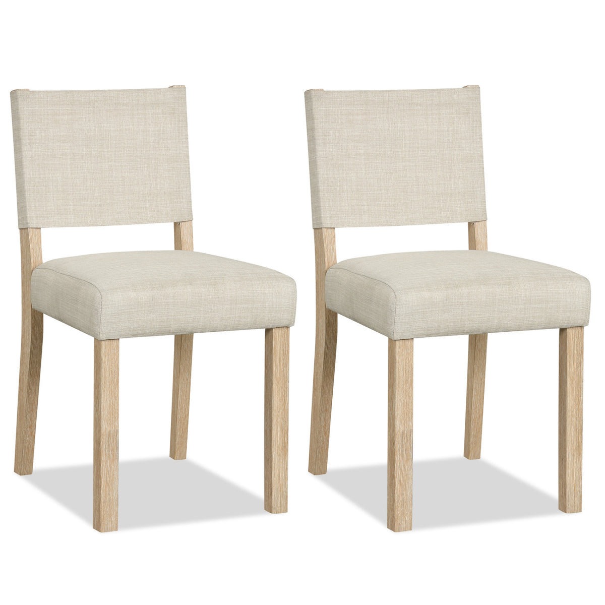 Set of two beige upholstered dining chairs with solid rubber wood legs, stylish kitchen and dining furniture by Wilsons Home Store.