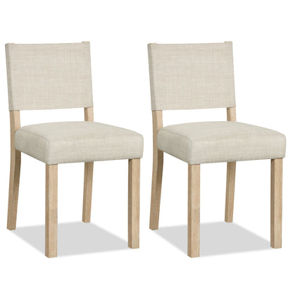 Set of two beige upholstered dining chairs with solid rubber wood legs, stylish kitchen and dining furniture by Wilsons Home Store.