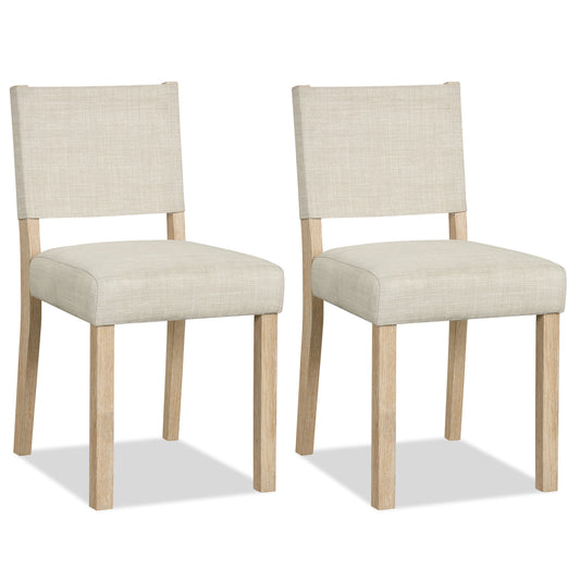 Set of two beige upholstered dining chairs with solid rubber wood legs, stylish kitchen and dining furniture by Wilsons Home Store.