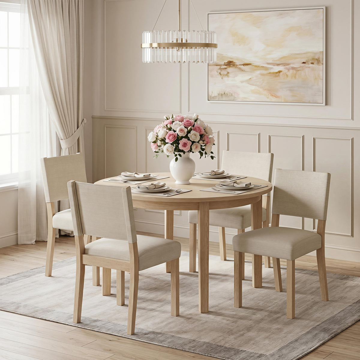 Set of four beige upholstered dining chairs with solid rubber wood legs from Wilsons Home Store, perfect for kitchen or dining room.