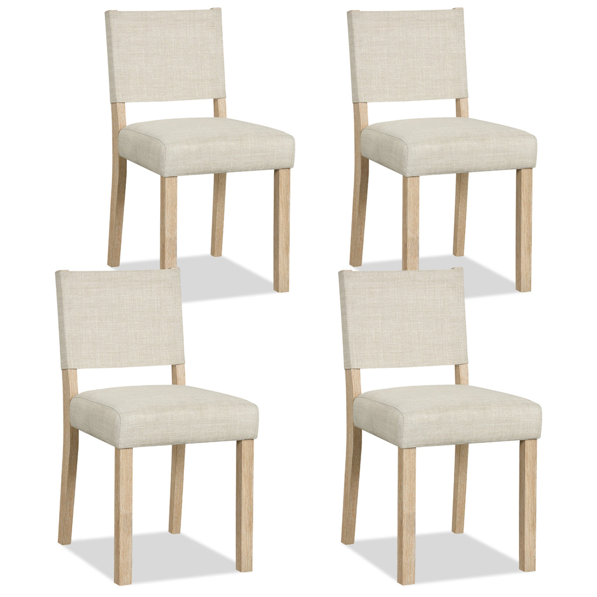 Set of four beige upholstered dining chairs with solid rubber wood legs from Wilsons Home Store, perfect for kitchen and dining room.