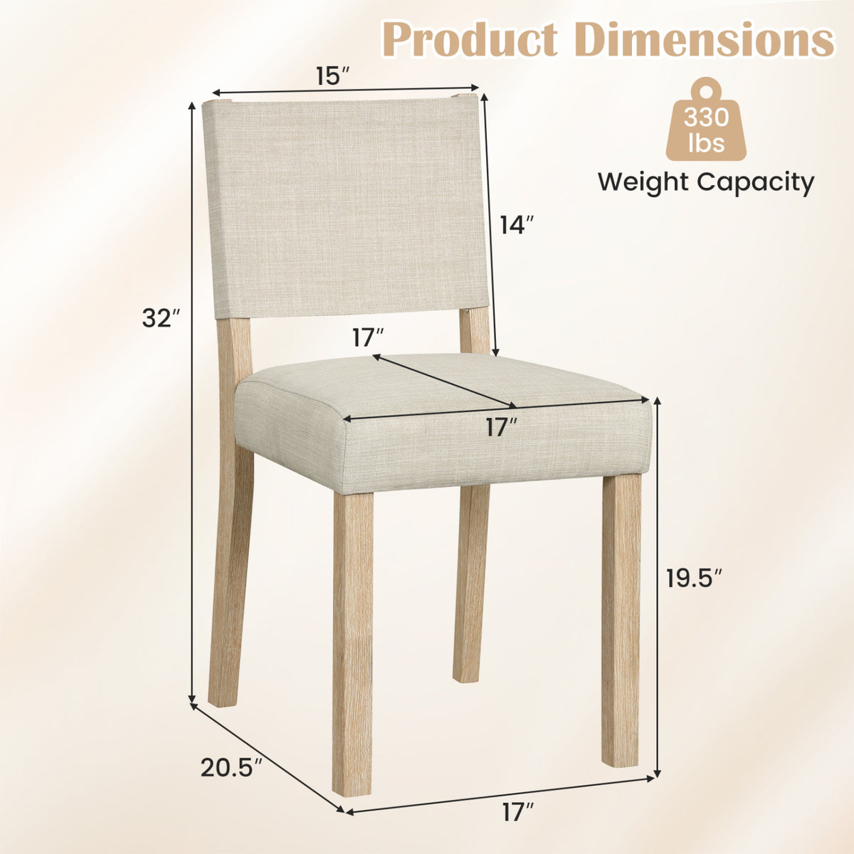 Set of four beige upholstered dining chairs with solid rubber wood legs, stylish and comfortable for kitchen or dining room.