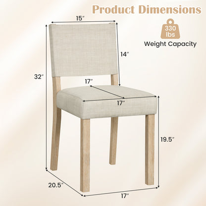 Set of four beige upholstered dining chairs with solid rubber wood legs, stylish and comfortable for kitchen or dining room.