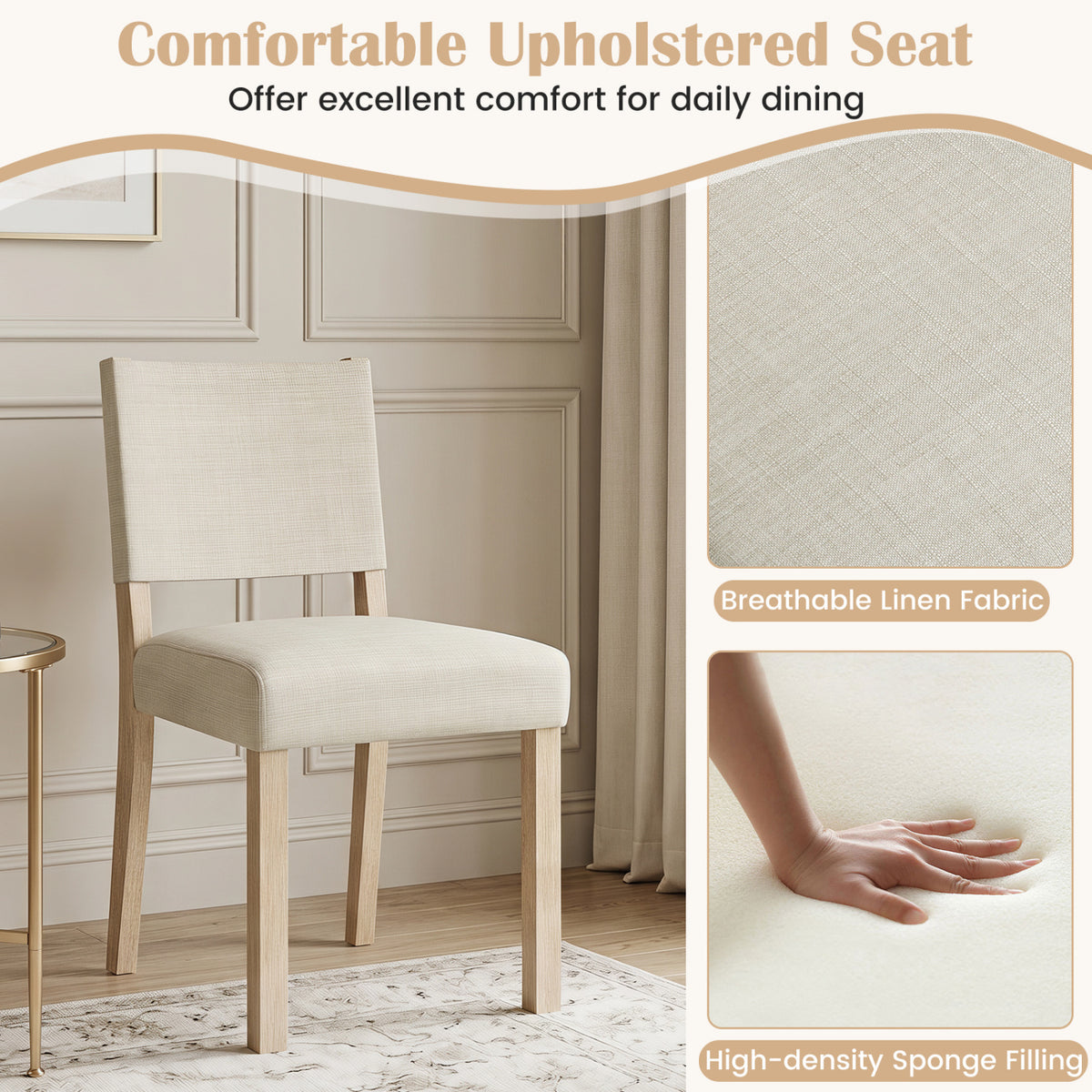 Set of four beige upholstered dining chairs with solid rubber wood legs, stylish and comfortable for kitchen and dining areas.