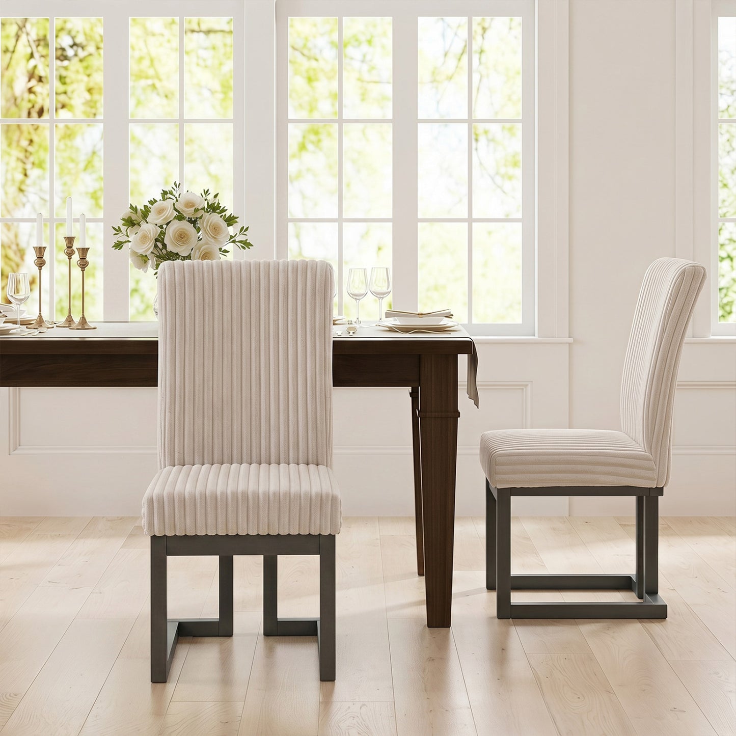 Upholstered Dining Chairs Set of 2 with Rubber Wood Legs and Padded Seat for Dining Room-Beige