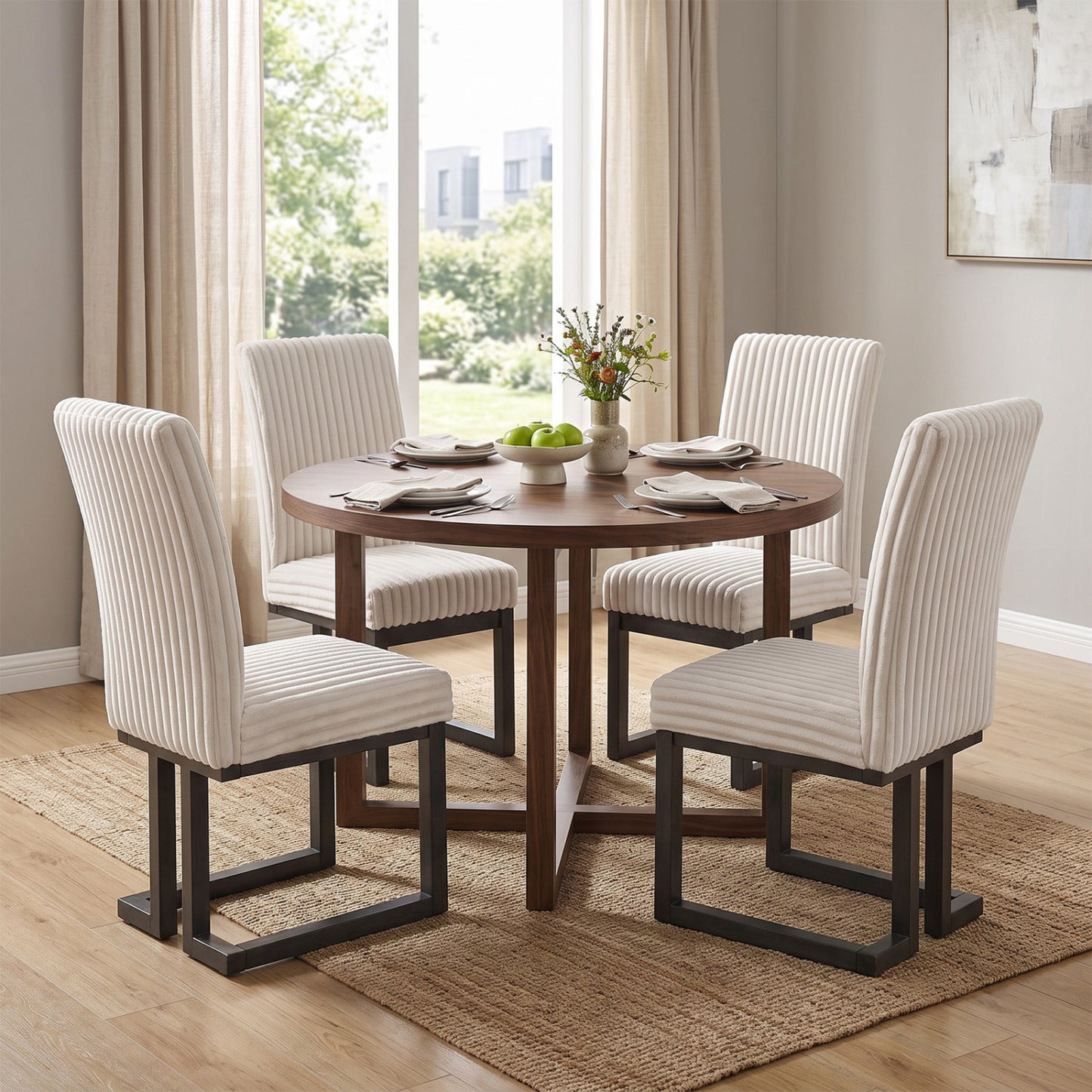 Upholstered Dining Chairs Set of 4 with Rubber Wood Legs and Padded Seat for Dining Room-Beige