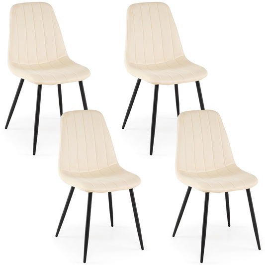 Set of four beige upholstered fabric dining chairs with curved backrests and sturdy metal legs for kitchen and dining room.