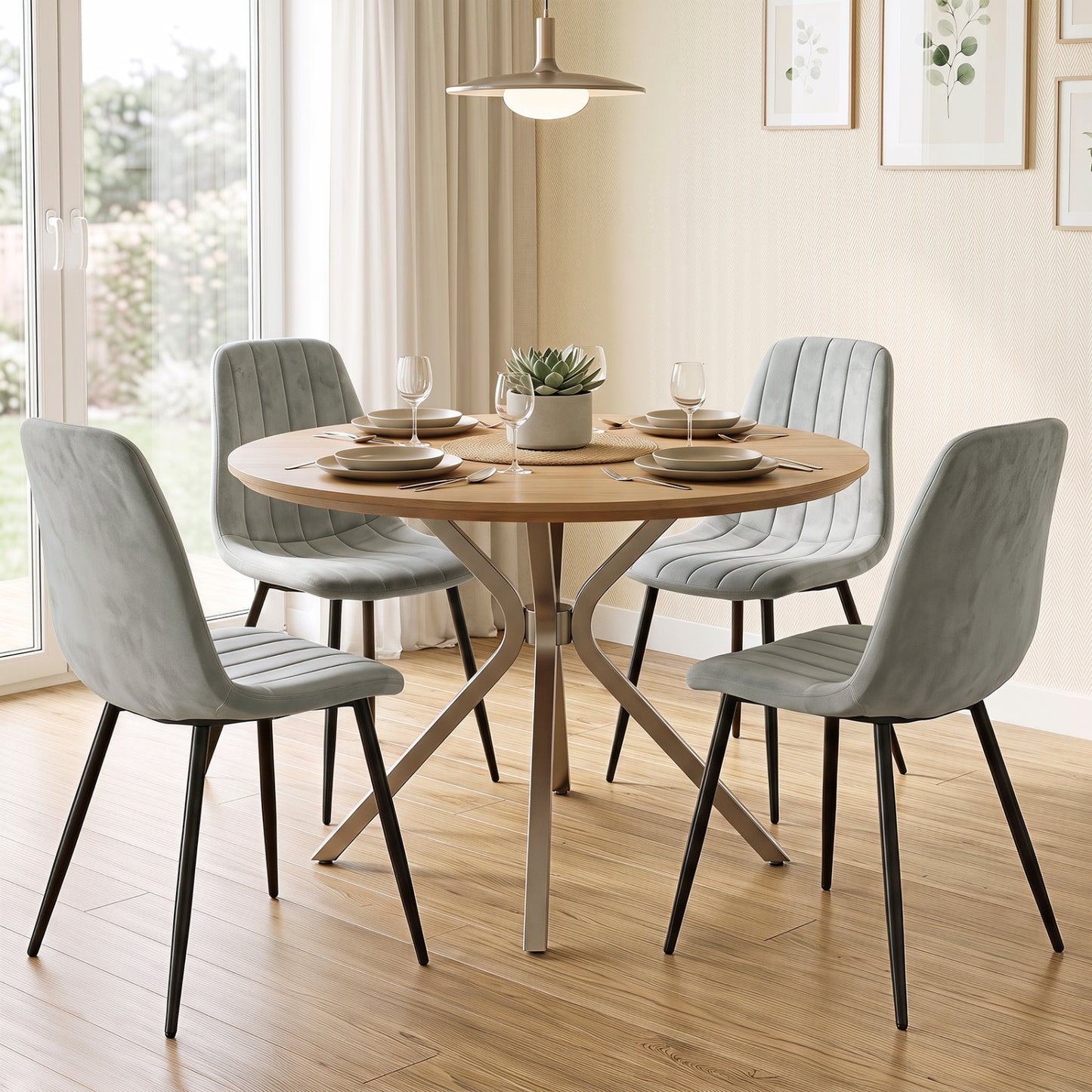 Upholstered Fabric Dining Chairs Set of 4 with Sturdy Metal Legs and Curved Backrest-Beige