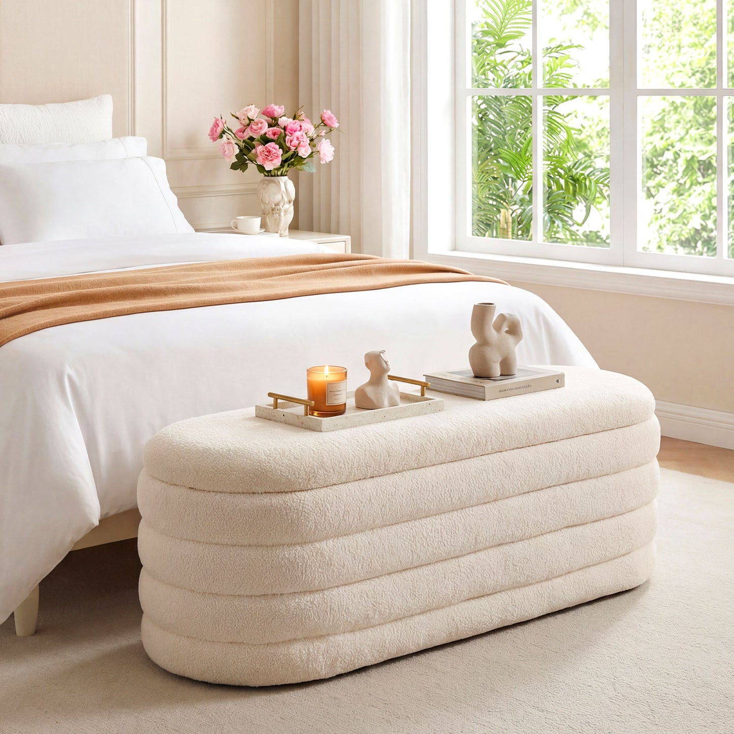 Upholstered Fabric Storage Ottoman Bench for End of Bed with 2 Struts-White