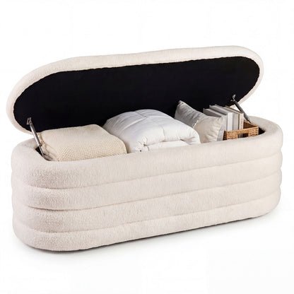 Upholstered Fabric Storage Ottoman Bench for End of Bed with 2 Struts-White