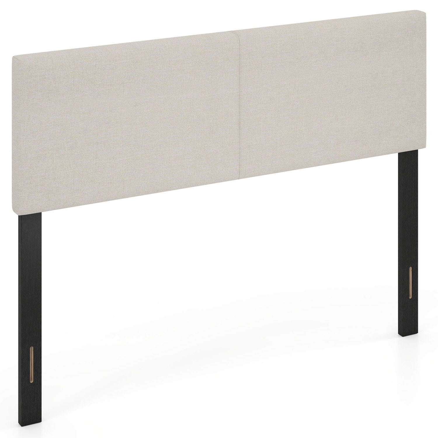 Beige upholstered queen/full size headboard with vertical quilting, linen fabric, mounted on a bed frame, stylish bedroom furniture.
