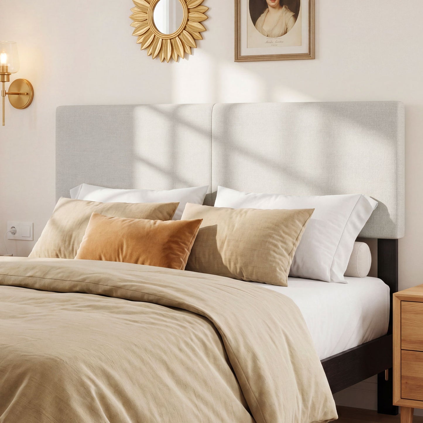 Beige upholstered queen/full size headboard with vertical quilting, linen fabric, mounted on a bed frame, by Wilsons Home Store