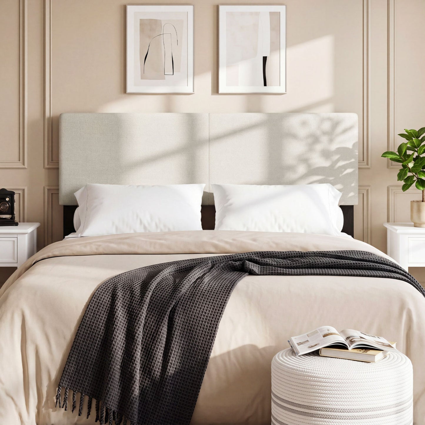 Beige upholstered queen/full size headboard with vertical quilted linen fabric for bed frame decoration.