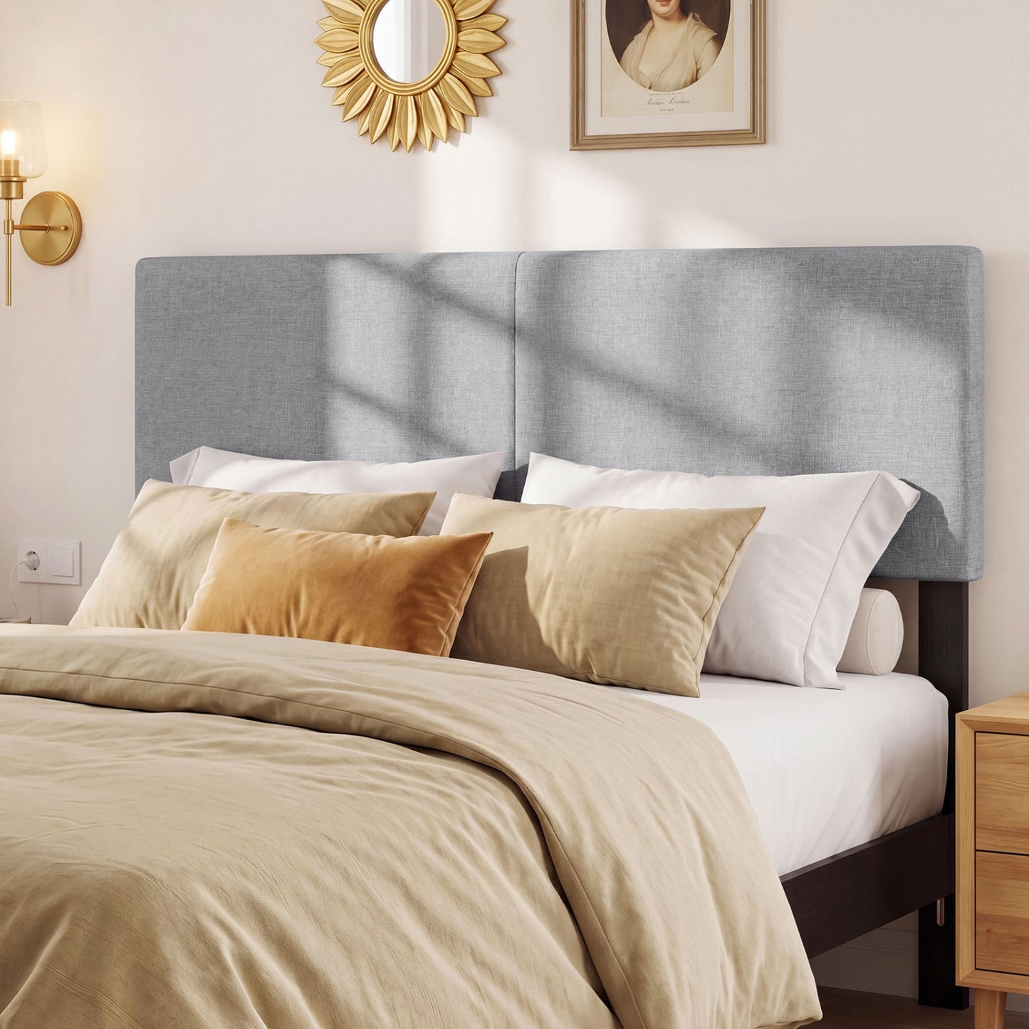 Beige upholstered queen/full size headboard with vertical quilting and linen fabric, mounted on a bed frame.