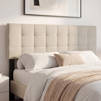 Beige upholstered queen/full size headboard with quilted grid linen fabric and mounted bed frame, modern bedroom furniture.