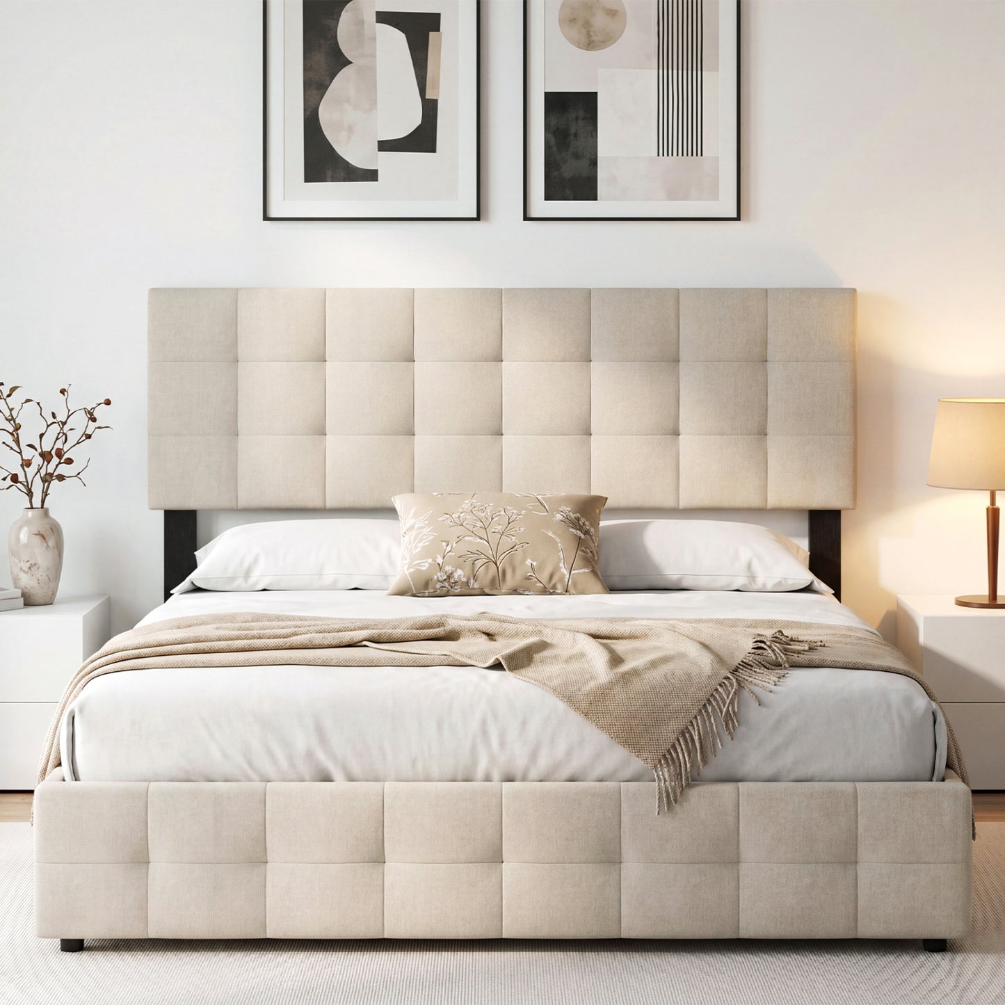 Beige upholstered queen/full size quilted grid linen fabric headboard with mounting panel, modern bedroom furniture by Wilsons Home Store