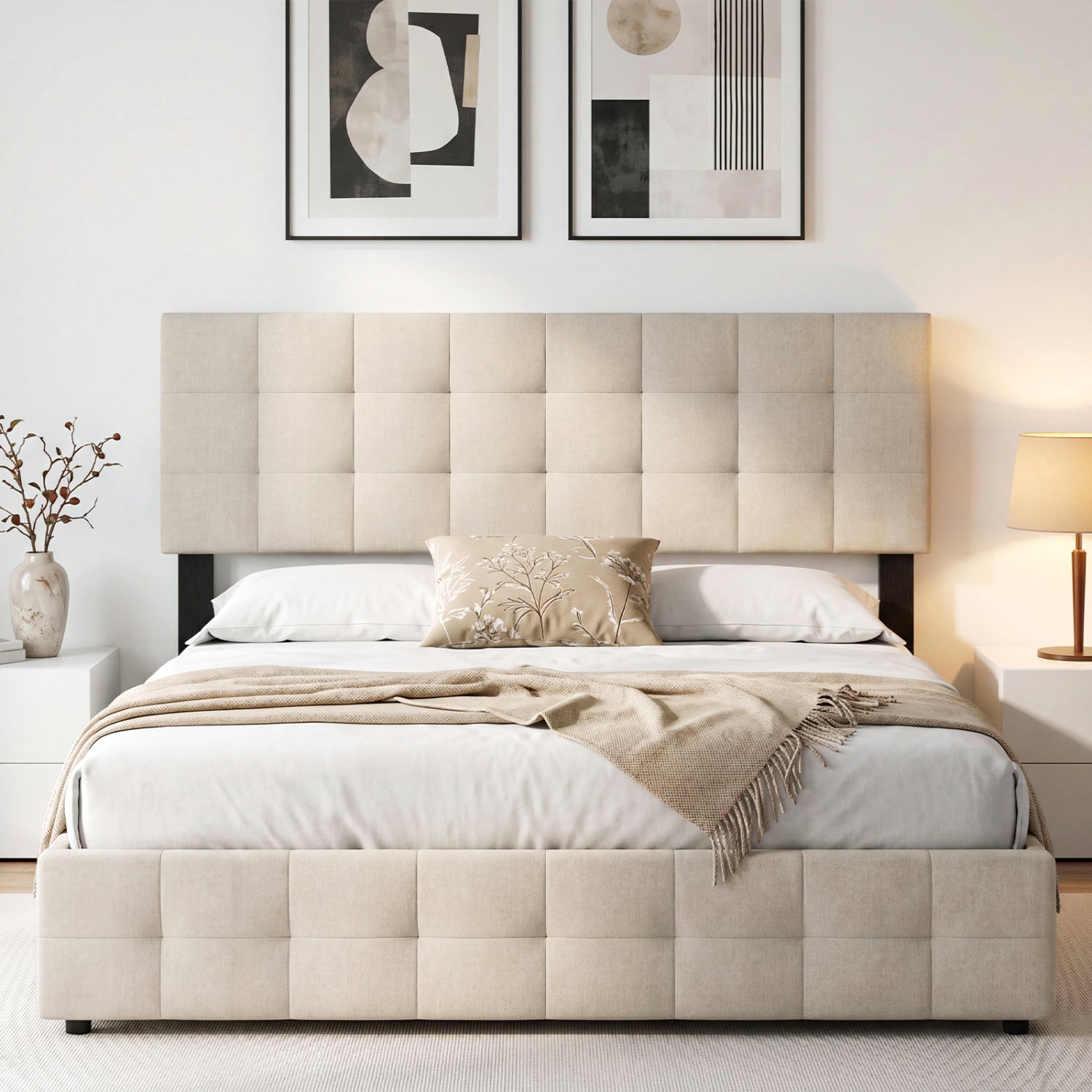 Beige upholstered queen/full size quilted grid linen fabric headboard with mounting panel, modern bedroom furniture by Wilsons Home Store