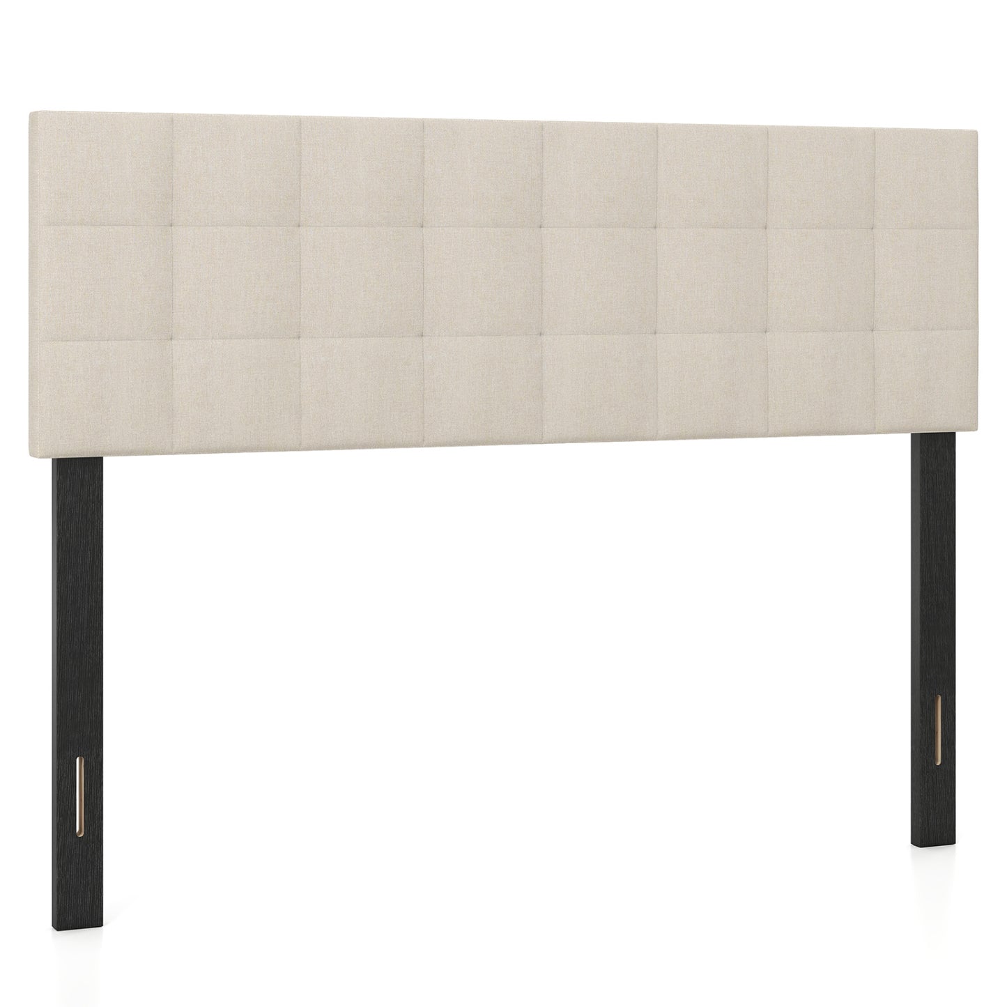 Beige upholstered queen/full size bed headboard with quilted grid linen fabric and mounting panel, modern bedroom furniture.