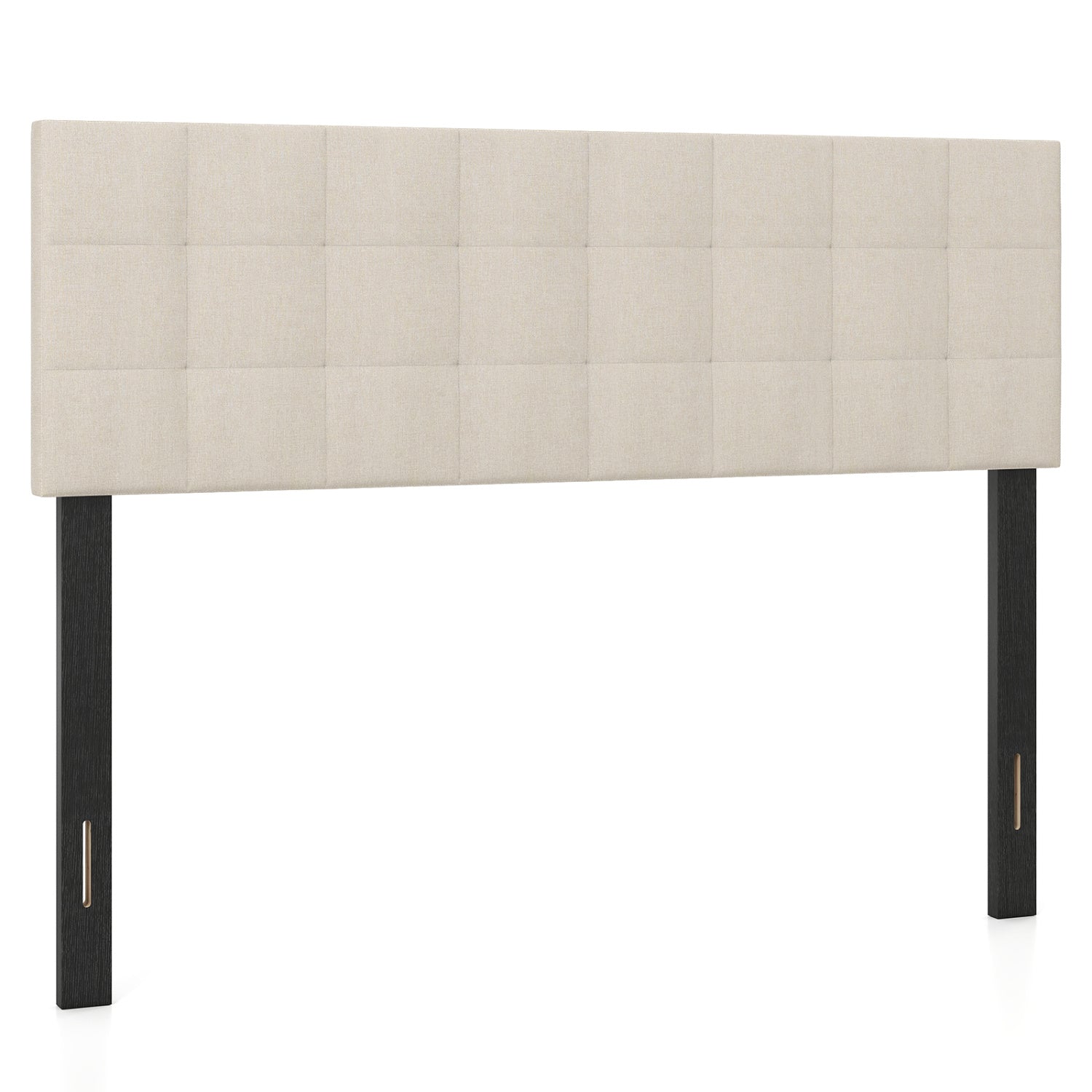 Beige upholstered queen/full size bed headboard with quilted grid linen fabric and mounting panel, modern bedroom furniture.