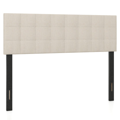 Beige upholstered queen/full size bed headboard with quilted grid linen fabric and mounting panel, modern bedroom furniture.