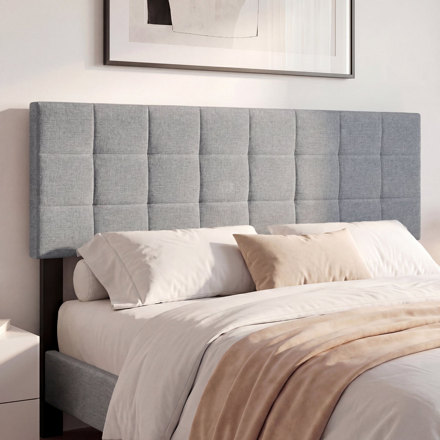 Beige upholstered queen/full size quilted grid linen fabric headboard with mounting panel for bed frame.