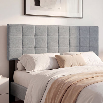 Beige upholstered queen/full size quilted grid linen fabric headboard with mounting panel for bed frame.