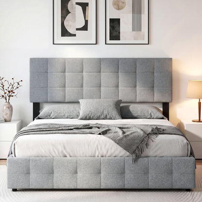 Beige upholstered queen/full size quilted grid linen fabric headboard mounted on bed frame, stylish bedroom furniture.