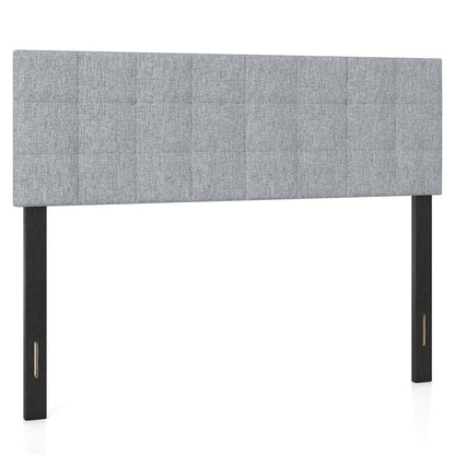 Beige upholstered queen/full size quilted grid linen fabric headboard mounted on bed frame, stylish bedroom furniture.